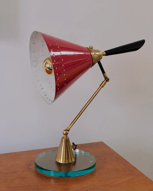 RED MODERNIST ADJUSTABLE TABLE LAMP w. GLASS BASE