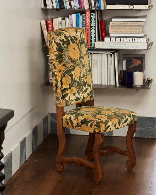 HAND CARVED CHAIRS w. FLORAL UPHOLSTERY