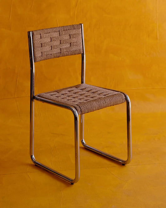 SET OF FOUR ROPE WEAVE CHROME CHAIRS