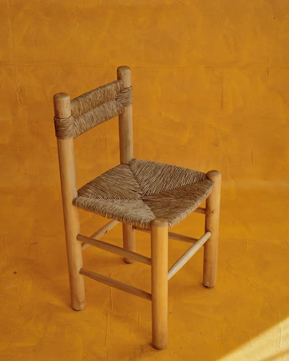 SET OF FOUR RUSH DINING CHAIRS w. RATTAN & NATURAL TIMBER
