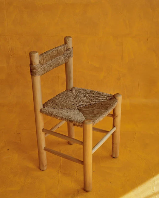 SET OF FOUR RUSH DINING CHAIRS w. RATTAN & NATURAL TIMBER