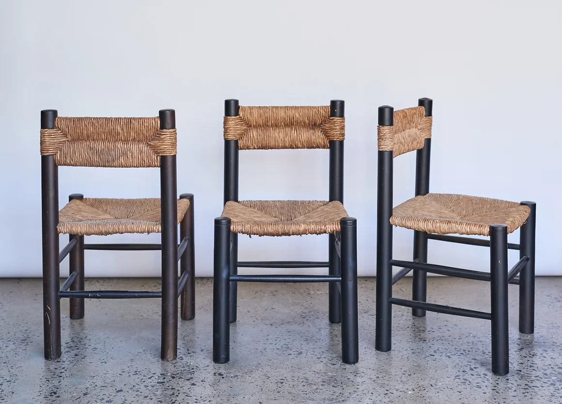 SET OF RUSH DINING CHAIRS w. RATTAN & EBONIZED TIMBER