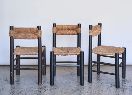 SET OF RUSH DINING CHAIRS w. RATTAN & EBONIZED TIMBER