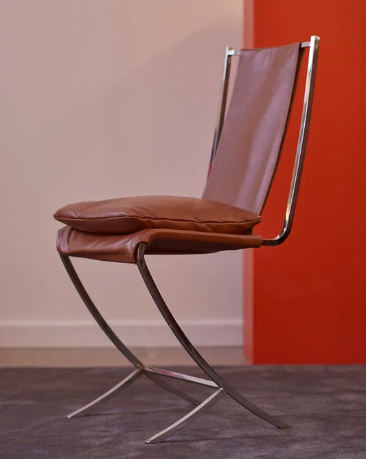SET OF FOUR STAINLESS STEEL SLING CHAIRS w. LEATHER UPHOLSTERY & CUSHION