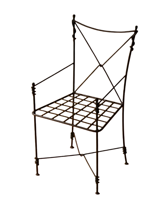 SET OF FOUR WROUGHT IRON GARDEN CHAIRS w. STRIPED CUSHION