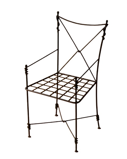 SET OF FOUR WROUGHT IRON GARDEN CHAIRS w. STRIPED CUSHION