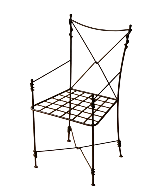 SET OF FOUR WROUGHT IRON GARDEN CHAIRS w. STRIPED CUSHION