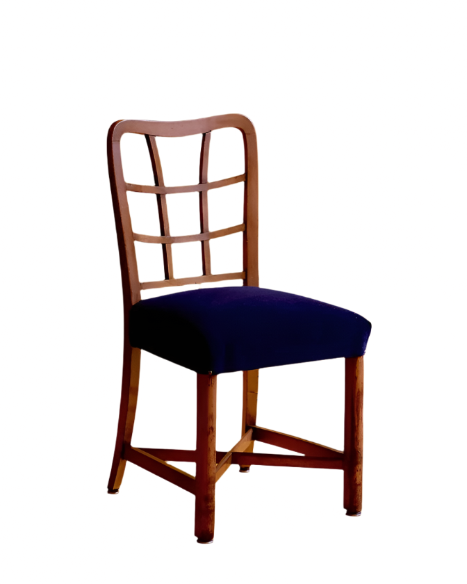 FRENCH WOODEN DINING CHAIRS w. UPHOLSTERED NAVY BLUE VELVET SEAT