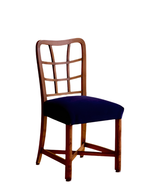 FRENCH WOODEN DINING CHAIRS w. UPHOLSTERED NAVY BLUE VELVET SEAT