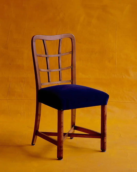 FRENCH WOODEN DINING CHAIRS w. UPHOLSTERED NAVY BLUE VELVET SEAT