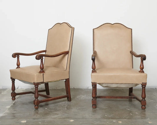 PAIR OF LEATHER FRENCH OAK ARMCHAIRS