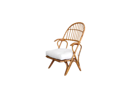 SET OF FOUR CANE ARM CHAIRS w. WHITE CUSHIONS