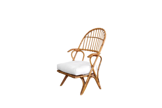 SET OF FOUR CANE ARM CHAIRS w. WHITE CUSHIONS