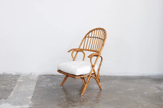 SET OF FOUR CANE ARM CHAIRS w. WHITE CUSHIONS