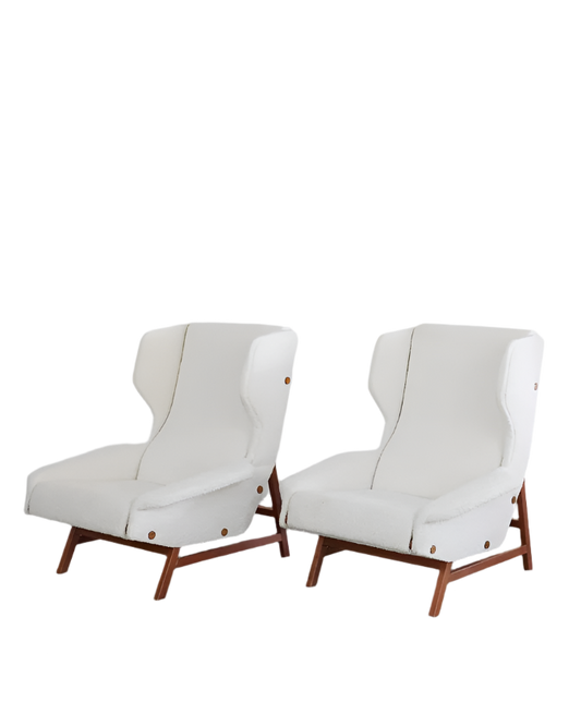 PAIR OF RECLAIMED BOUCLE & TEAK ARMCHAIRS