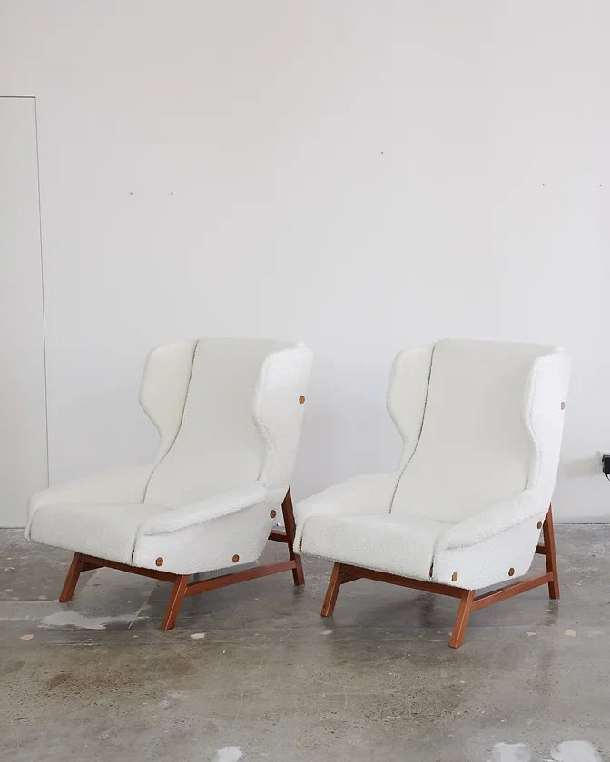 PAIR OF RECLAIMED BOUCLE & TEAK ARMCHAIRS