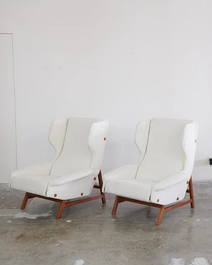 PAIR OF RECLAIMED BOUCLE & TEAK ARMCHAIRS