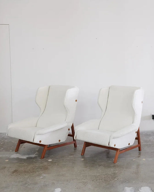 PAIR OF RECLAIMED BOUCLE & TEAK ARMCHAIRS
