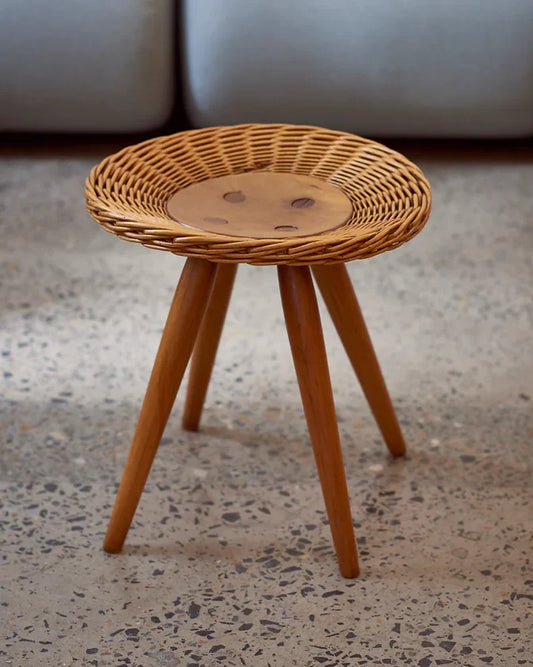 MID CENTURY TIMBER STOOL w. WOVEN CANE DETAIL
