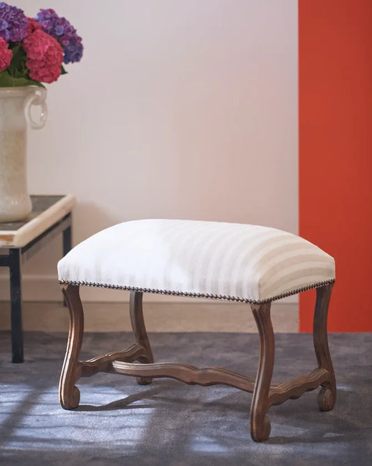 HAND CARVED STOOL w. STRIPED UPHOLSTERY
