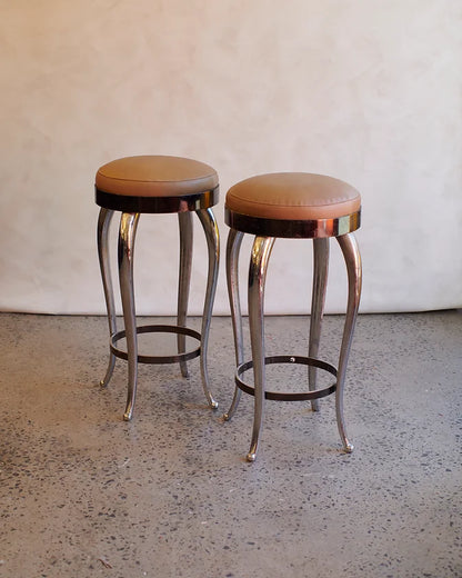 STAINLESS STEEL BAR STOOLS w. LEATHER UPHOLSTERY