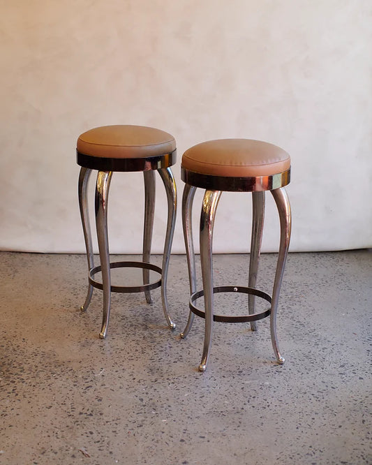 STAINLESS STEEL BAR STOOLS w. LEATHER UPHOLSTERY