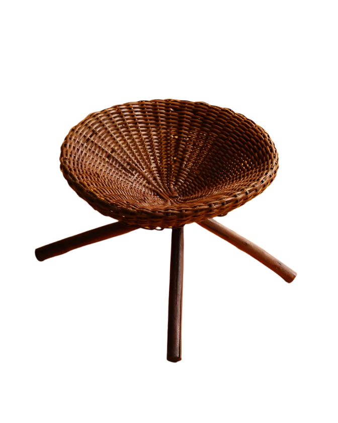 SET OF FIVE TIMBER STOOLS w. WOVEN RATTAN