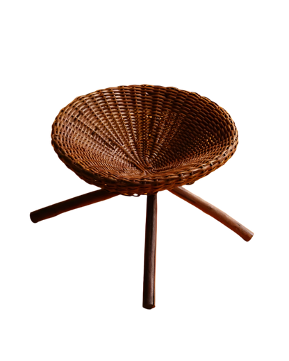 SET OF FIVE TIMBER STOOLS w. WOVEN RATTAN