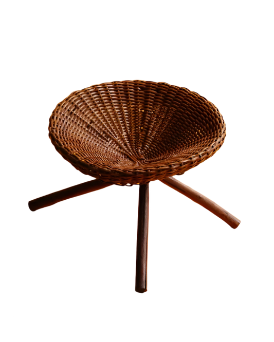 SET OF FIVE TIMBER STOOLS w. WOVEN RATTAN