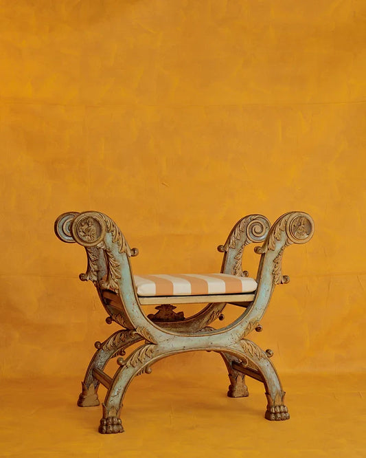 LOUIS XVI HAND PAINTED CARULE BENCH w. STRIPED CUSHION