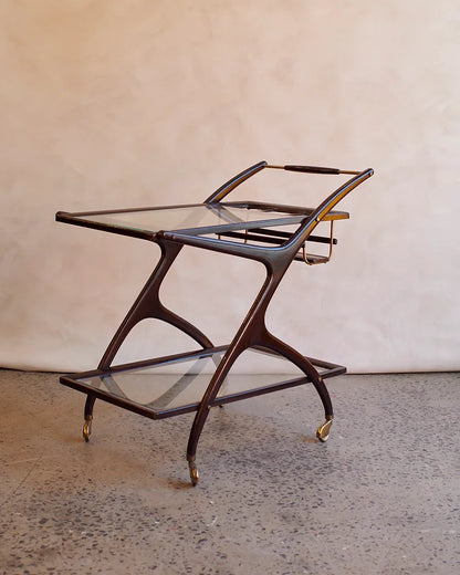 DARK TIMBER & BRASS BAR CART w. BOTTLE STORAGE