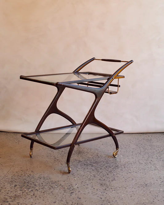 DARK TIMBER & BRASS BAR CART w. BOTTLE STORAGE
