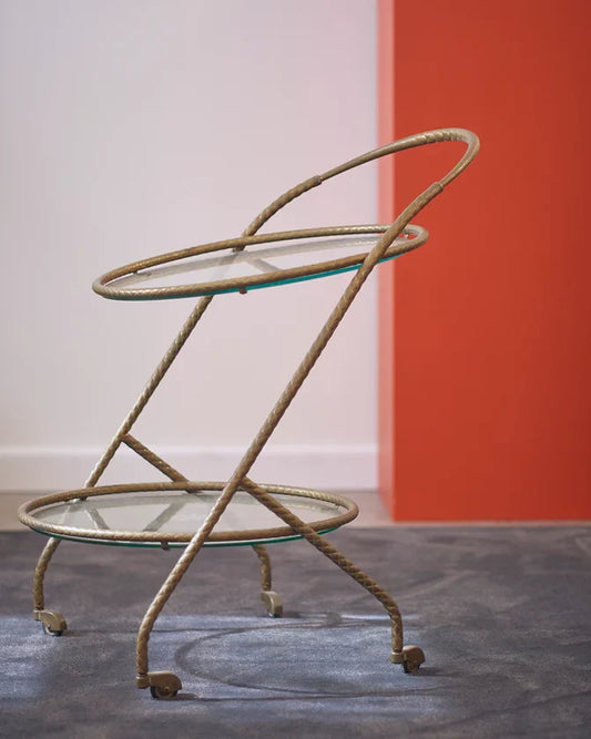 BRASS DRINKS TROLLEY w. TWO TRAYS AND SIMULATED ROPE WORK BRASS FRAME