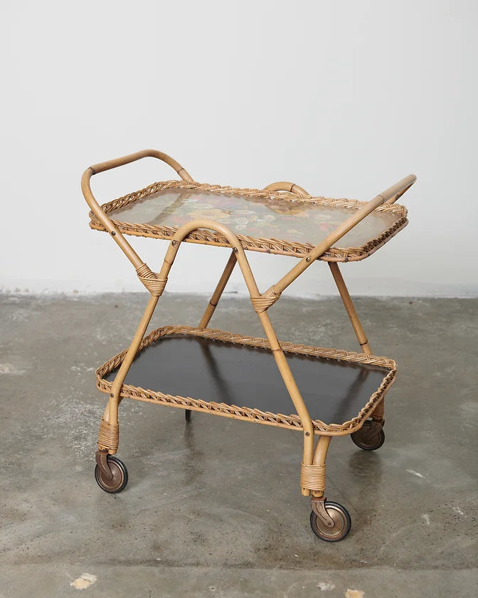 MID-CENTURY FLORAL HAND PAINTED GLASS & RATTAN BAR CART