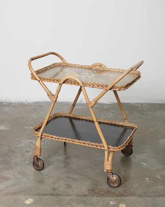 MID-CENTURY FLORAL HAND PAINTED GLASS & RATTAN BAR CART