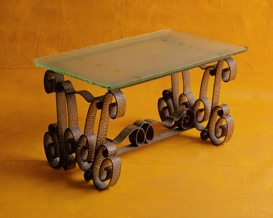 WROUGHT IRON & FROSTED CARVED GLASS COFFEE TABLE