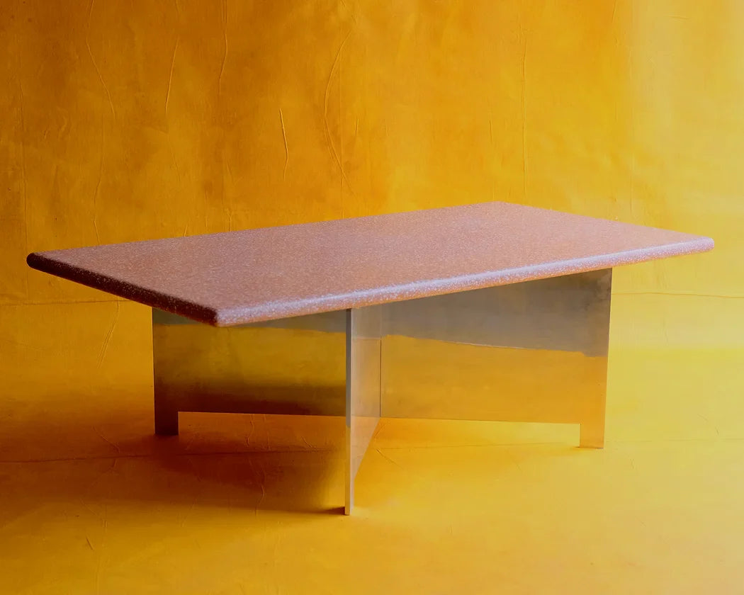 PINK TRAVERTINE COFFEE TABLE w. STAINLESS STEEL CROSS BASE