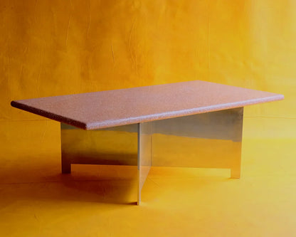 PINK TRAVERTINE COFFEE TABLE w. STAINLESS STEEL CROSS BASE