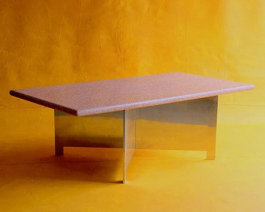 PINK TRAVERTINE COFFEE TABLE w. STAINLESS STEEL CROSS BASE