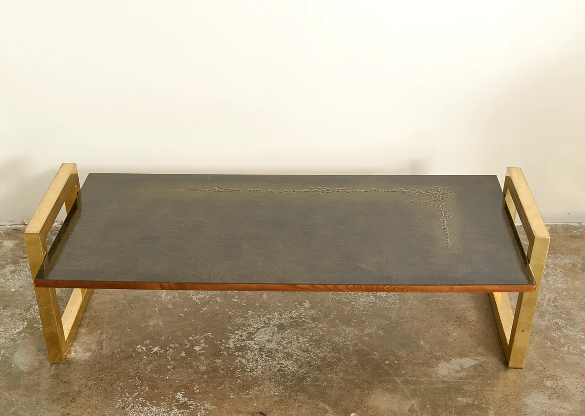 BRUTALIST COFFEE TABLE WITH PRESSED PATTERN TOP & GOLD LEGS