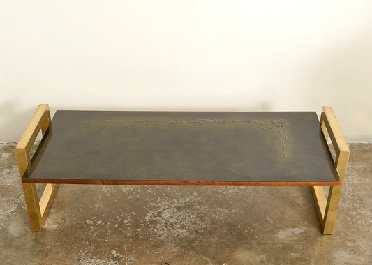 BRUTALIST COFFEE TABLE WITH PRESSED PATTERN TOP & GOLD LEGS