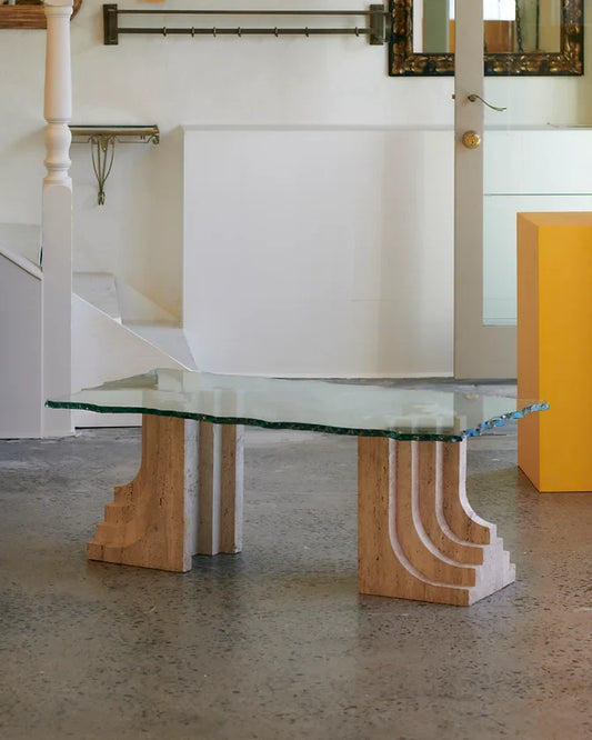 TRAVERTINE COLUMN COFFEE TABLE w. HAND CARVED GLASS TOP