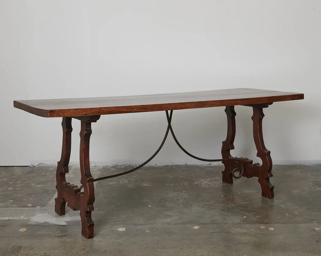 SPANISH WALNUT DINING TABLE w. WROUGHT IRON STRETCHER