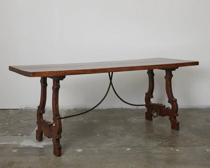 SPANISH WALNUT DINING TABLE w. WROUGHT IRON STRETCHER