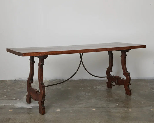 SPANISH WALNUT DINING TABLE w. WROUGHT IRON STRETCHER