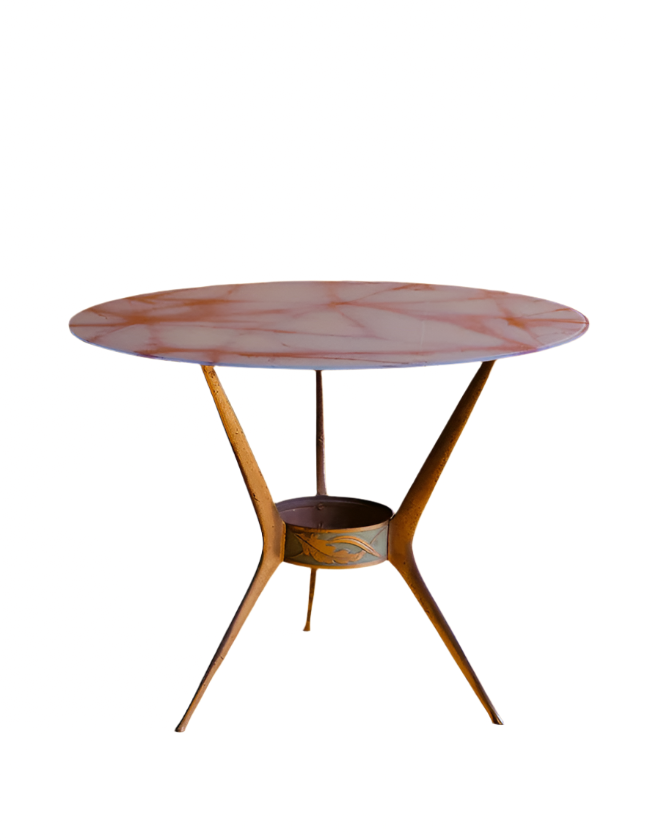 BRONZE TRIPOD SIDE TABLE w. MARBLE GLASS TOP