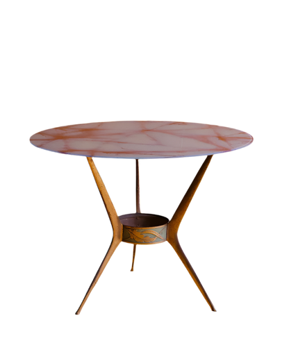 BRONZE TRIPOD SIDE TABLE w. MARBLE GLASS TOP