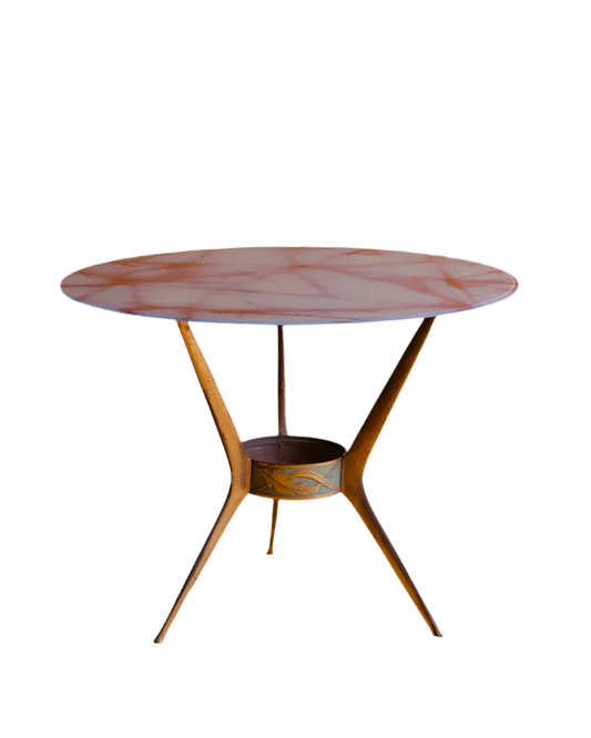 BRONZE TRIPOD SIDE TABLE w. MARBLE GLASS TOP