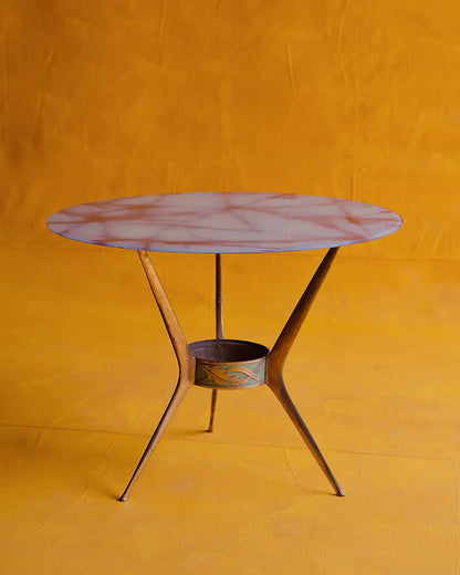BRONZE TRIPOD SIDE TABLE w. MARBLE GLASS TOP