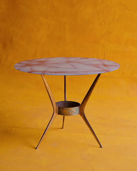 BRONZE TRIPOD SIDE TABLE w. MARBLE GLASS TOP